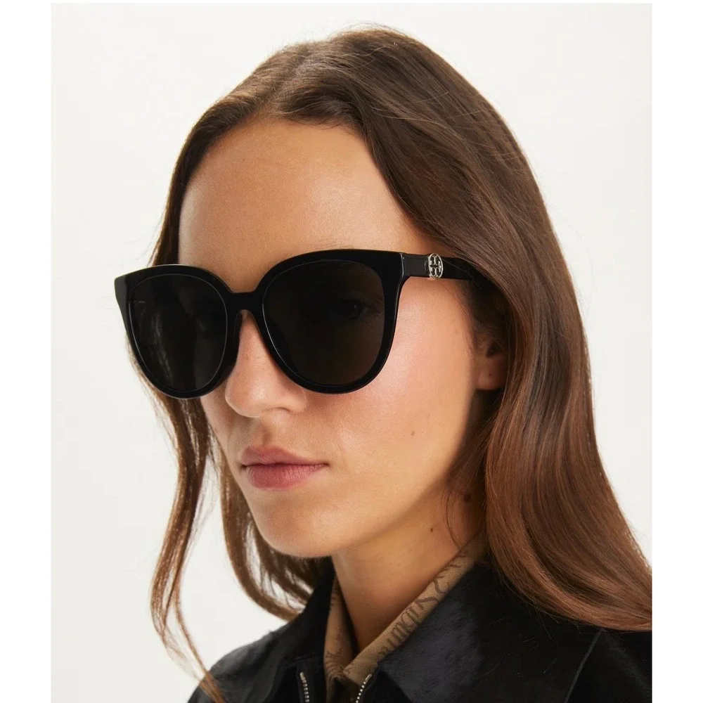 Tory Burch TY7162 Black Square Sunglasses with Gold Logo and Orange Case
